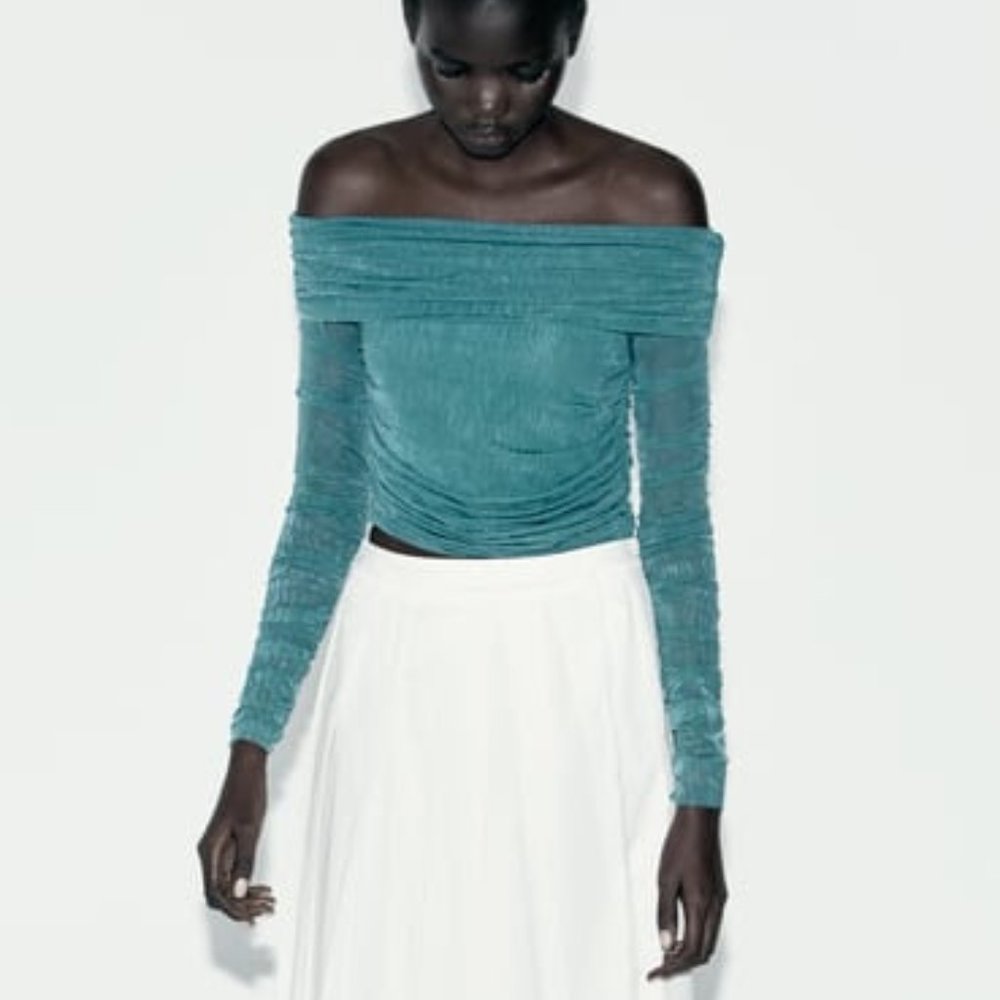 Zara Ruched Organza Top Off the Shoulder